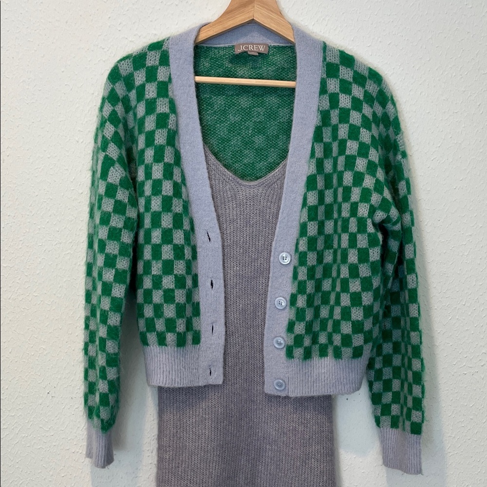 J. Crew Green and Gray/Blue Checkered V-neck cardigan sweater in brushed yarn